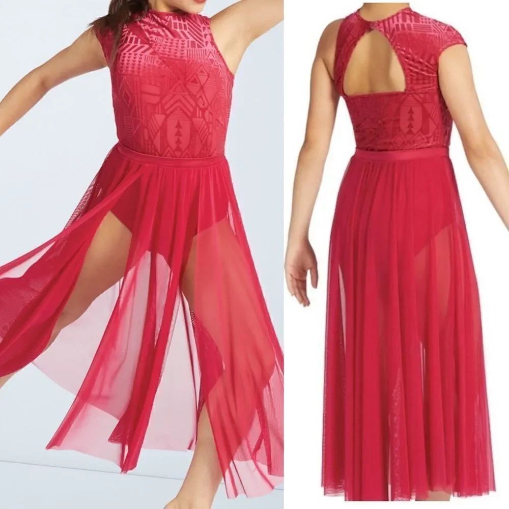 Weissman Dance costume red maxi mesh flocked dress More 12261 Adult XLA